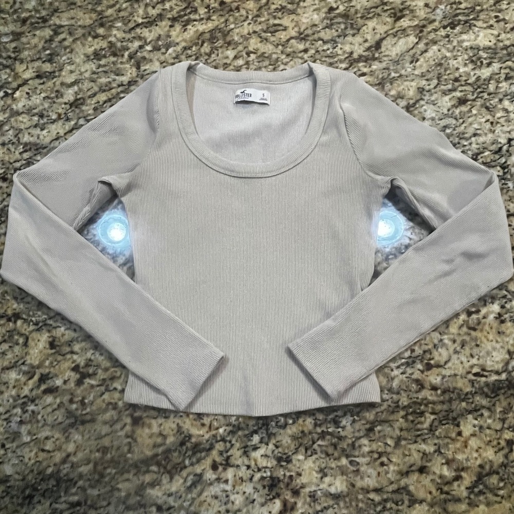 Hollister Womens Ribbed Scoop Neck Long Sleeve Top Tan Taupe Small S